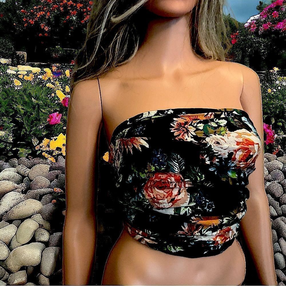 Scarf, Wrap l Black splashed with flowers l 72 x 24 l EUC